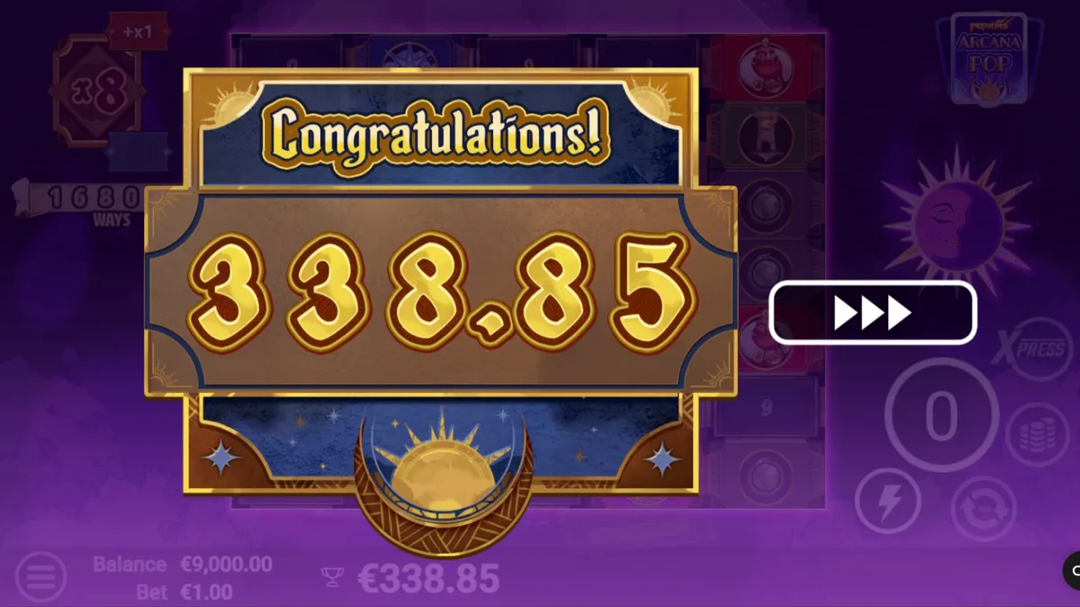Tampilan visual slot Arcana Pop dengan tema tarot dan simbol mistis