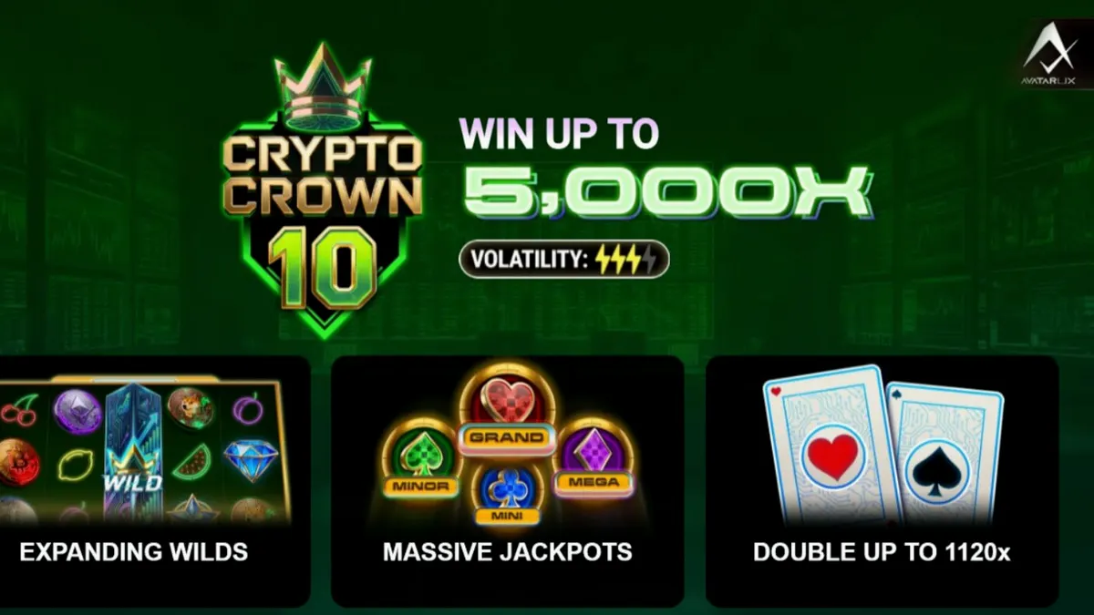 Tampilan visual futuristik dari slot Crypto Crown 10 dengan simbol kripto dan buah neon.